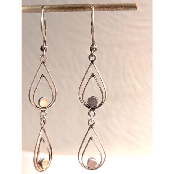 Vintage Petit Point Turquoise 925 Sterling Silver Dangle Kidney Wire Earrings - Picture 2 of 5